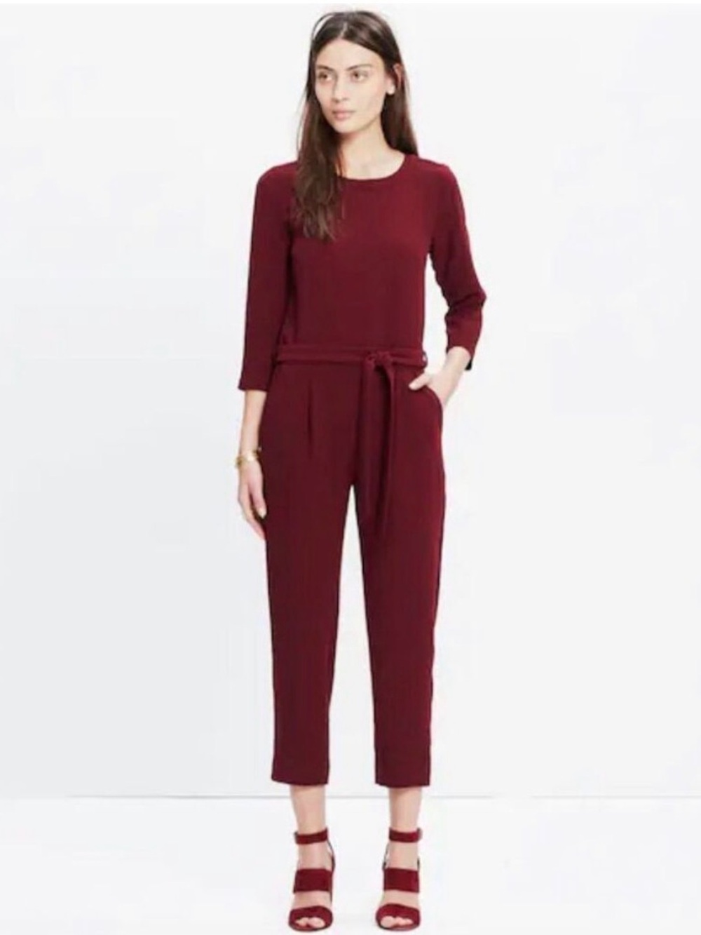 Madewell Sloan Jumpsuit in Maroon Burgundy Crepe Belted Size 6